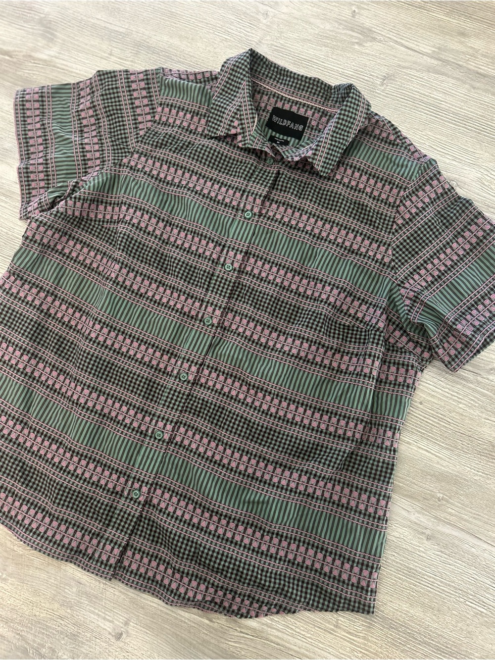 Wildfang The Essential Short Sleeve Button Up Shirt Green Pink Plaid Geometric